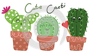 A set of cute cacti with funny faces in pots. It can be used for postcards, invitations or as a sticker. Emotional house