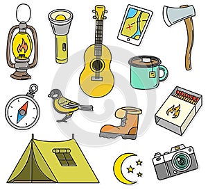 Set of cute camping elements. Equipment in forest. Stickers, doodle pins, patches. Campfire Map Compass Bear Tent Guitar