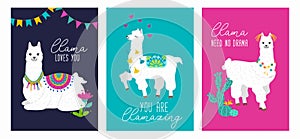 Set of cute card with alpacas. Inspirational llamas posters with colorful design and inspirational quotes. Llama loves you. No