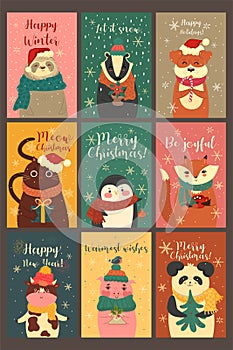 Set of cute cards with animals in a Christmas mood. Vector graphics