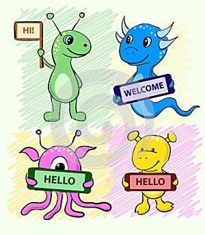 Set of cute cartoon alien monster with a sign in his hands for your test. Vector