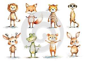 Set of cute cartoon animal characters isolated on white background