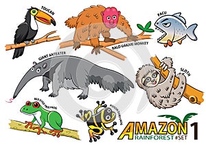 Set of Cute cartoon Animals and birds in the Amazon areas of Sou photo