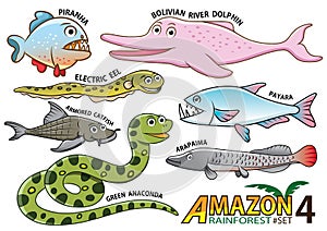 Set of Cute cartoon Animals and birds in the Amazon areas of Sou