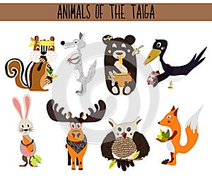 Set of Cute cartoon Animals birds living in taiga. Owl, Fox, hare, elk, bear, crow, Chipmunk, and wolf. Vector