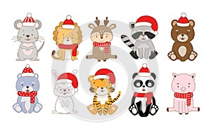 A set of cute cartoon animals in Christmas hats and scarves