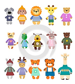 A set of cute cartoon animals. Dog, lion and giraffe, bears and cat, frog and bee, deer and llama, and others. Vector.