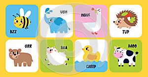 Set of cute cartoon Animals making sounds. Education cards for baby. Animal Talk Cards. Onomatopoeia