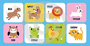 Set of cute cartoon Animals making sounds. Education cards for baby. Animal Talk Cards. Onomatopoeia