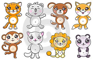 Set of cute cartoon animals. Smiling baby animas in kawaii style isolated on white background.