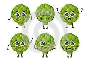 Set of cute cartoon artichoke vegetables vector character set isolated on white background