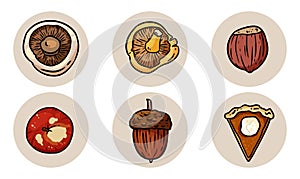 Set of cute cartoon autumn elements. Isolated logo graphic symbols. Mushrooms, acorn, apple pumpkin pie