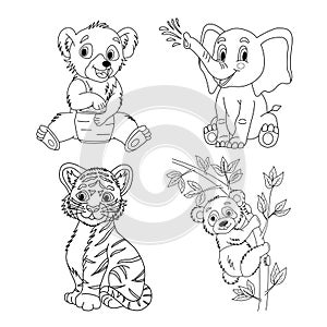 Set of Cute Cartoon Baby Animals for Coloring Pages.