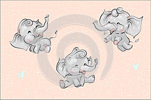 Set of cute childish cartoon baby elephants and hearts on grunge background vector illustration for prints banners cards