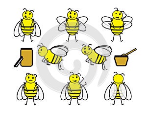 Set of cute cartoon bees and and honey jars on white background