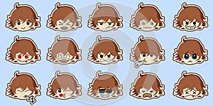 Set of cute cartoon boy with various emotions. Boy face with different expressions. Sticker set. Label collection.