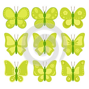 Set of cute cartoon butterflies in monochrome light green