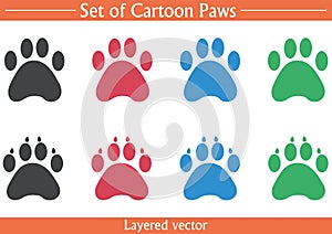 Set of cute cartoon cat and dog paw vector. Black, red, green, and blue color paws isolated on white.