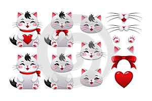 Set of cute cartoon cats with hearts, bows