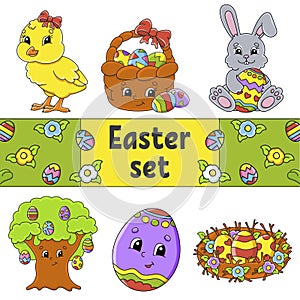 Set of cute cartoon characters. Easter clipart. Hand drawn. Colorful pack. Vector illustration. Patch badges collection. Label