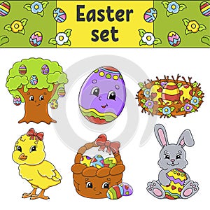 Set of cute cartoon characters. Easter clipart. Hand drawn. Colorful pack. Vector illustration. Patch badges collection. Label