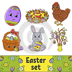 Set of cute cartoon characters. Easter clipart. Hand drawn. Colorful pack. Vector illustration. Patch badges collection. Label