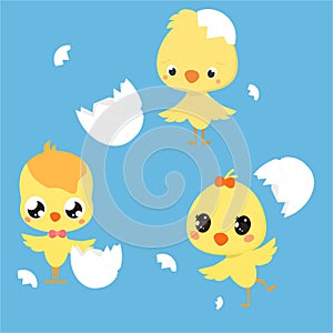 Set with cute cartoon chickens, idea for a nursery, poster, invitation, postcard