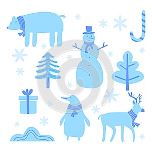 Set of cute cartoon Christmas. A bear, reindeer, snowman, and penguin. Part of Christmas backgrounds collection. Can be used for