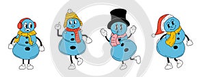 Set of Cute Cartoon Christmas snowmen characters. Happy and cheerful emotions.