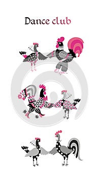 Set of cute cartoon cockerels and hens. Vector illustration.