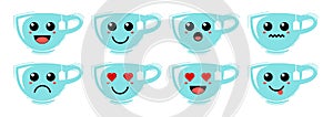 Set of cute cartoon colorful blue tea mug with different emotions. Funny emotions character collection for kids