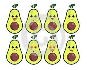 Set of cute cartoon colorful green cut half green avocado with different emotions. Funny emotions character collection for kids