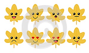 Set of cute cartoon colorful maple leaf with different emotions. Funny emotions character collection for kids. Fantasy characters