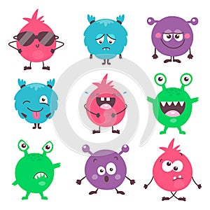 Set of cute cartoon colorful monsters with different emotions. Funny emoticons emojis collection for kids. Fantasy