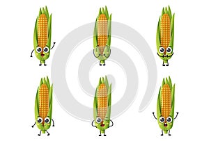 Set of cute cartoon corn vegetables vector character set isolated on white background