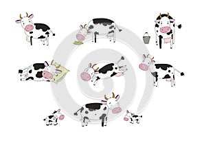 Set with cute cartoon cow. Farm animals