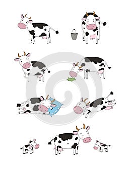 Set with cute cartoon cow. Farm animals