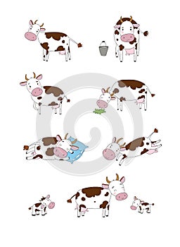 Set with cute cartoon cow. Farm animals