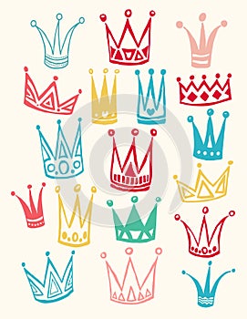 Set of cute cartoon crowns. Hand drawing vector