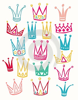 Set of cute cartoon crowns. Hand drawing vector