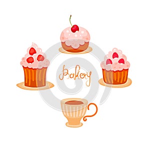 Set of cute cartoon cupcakes with cherry, strawberry, raspberry and cup of tea or coffee. Sweet food design concept