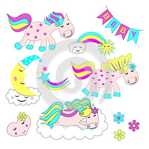 Set of cute cartoon cute horses, pink ponies vector illustrations set with cute graphic elements such as rainbow, star