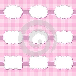 Set of cute cartoon decorative sewing blank frames. Shape labels for baby shower, banner, sticker, scrapbook template.