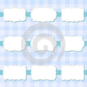 Set of cute cartoon decorative sewing blank frames. Shape labels for baby shower, banner, sticker, scrapbook template.