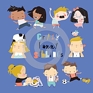 Set of cute cartoon diverse children, boys and girls. Crazy funny siblings