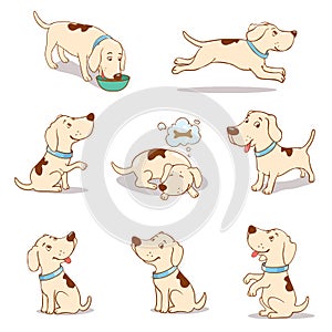 Set of cute cartoon dogs. Begging, dreaming, smiling, running, sitting dog poses hand drawn illustration