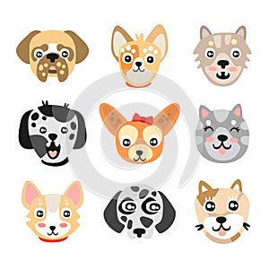 Set of cute cartoon dogs heads. Colorful character vector Illustrations