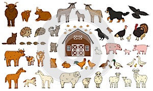 Set of cute cartoon doodle farm animals. Vector collection of donkey goose cow bull pig hog chicken hen rooster goat sheep duck