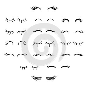 Set of cute cartoon eyelashes. Open and closed hand drawing eyes.
