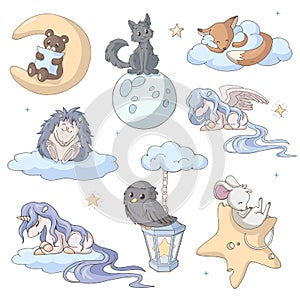 Set of cute cartoon fairy tail animals.